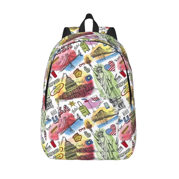Picia America Landmarks1 Printed Canvas Daypack - Stylish and Durable Vintage Compact Backpack - Class, Work, Travel, or Laptop Bookbag,Organized Compartments-Small