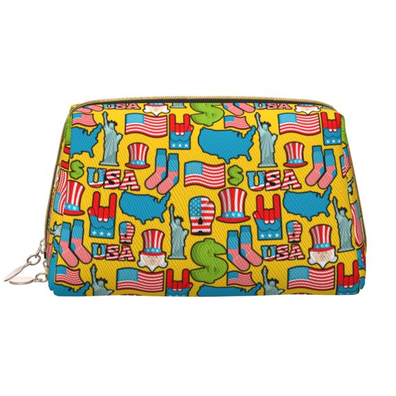 Picia America Symbols Print Leather Makeup Bag Make Up Bag Travel Toiletry Bag for Her Girlfriend Teacher Teen Girl Gifts