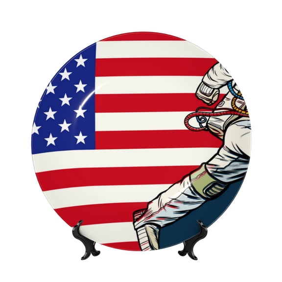 Picia American Astronaut Runs Forward Pattern Bone China Decorative Plate – Wall Decor with Stand and Adhesive, Elegant Ornament for Living Room, Office, or Entryway-8in