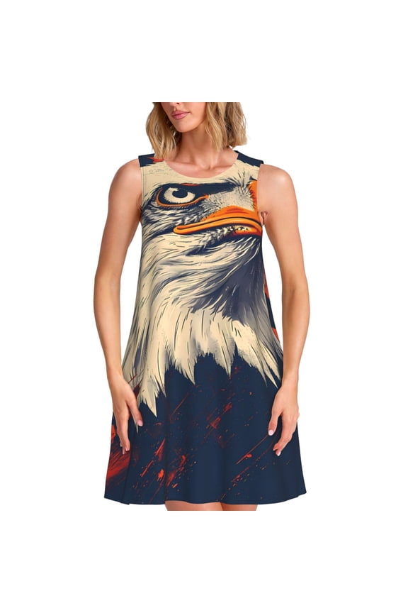 American Bald Eagle A Print Women’s Sleeveless Midi Swing Dress – A-Line Pleated Tank Sundress, Comfortable and Flowy T-Shirt Dress