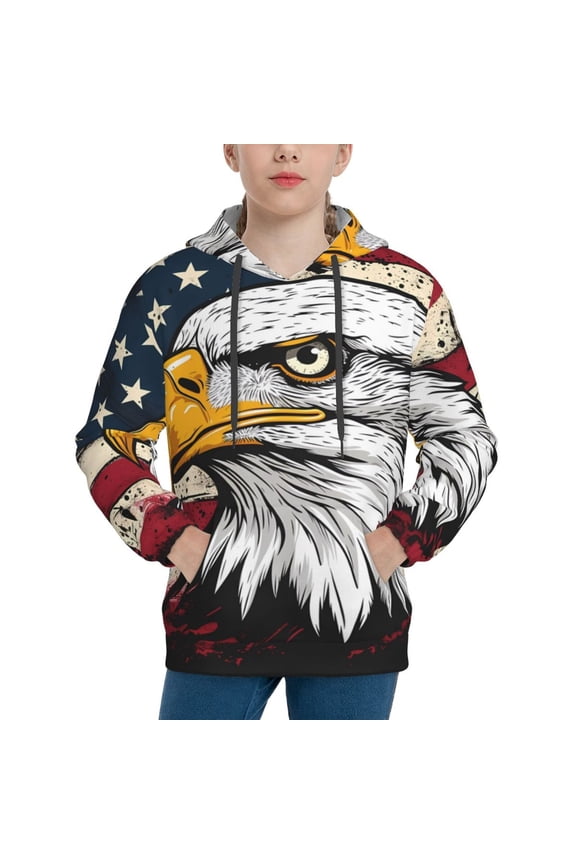 American Bald Eagle Pattern Youth Hoodie - Warm Pullover Sweatshirt with Kangaroo Pocket, Ideal for Boys and Girls-Large