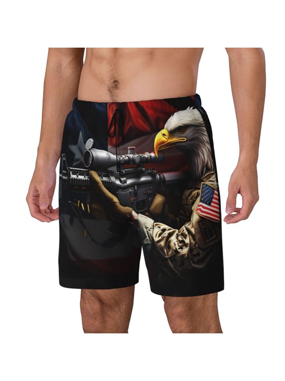 American Bald Eagle Warrior pattern Mens Swim Trunks with Compression Liner Stretch Beach Shorts Quick Dry with Zipper Pockets No-Chafing Board Shorts-Medium