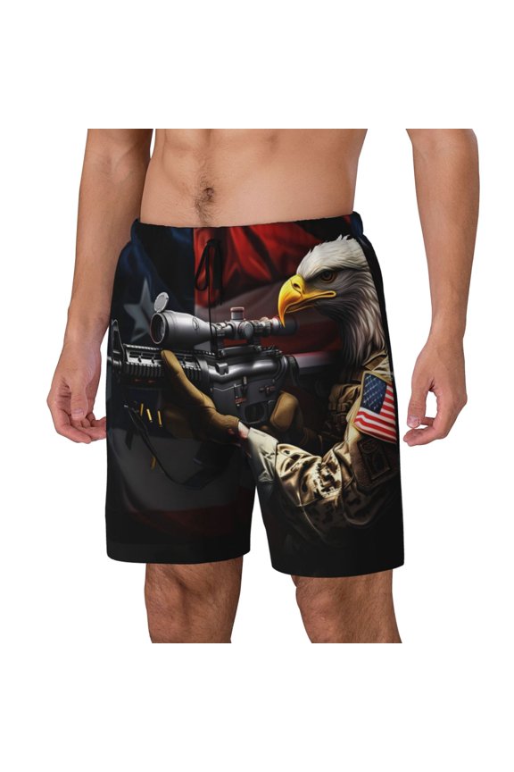American Bald Eagle Warrior pattern Mens Swim Trunks with Compression Liner Stretch Beach Shorts Quick Dry with Zipper Pockets No-Chafing Board Shorts-Medium