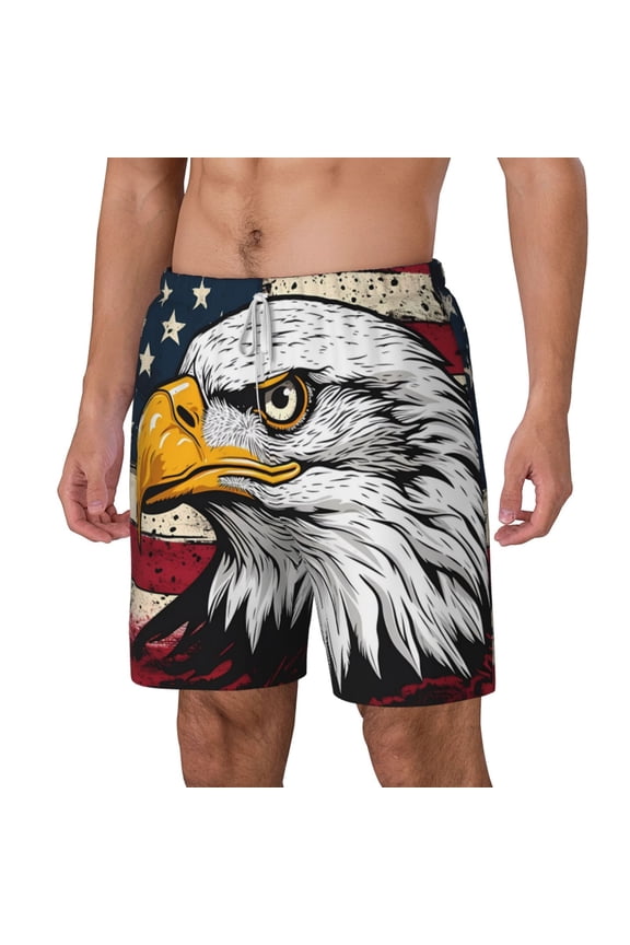American Bald Eagle pattern Mens Swim Trunks with Compression Liner Stretch Beach Shorts Quick Dry with Zipper Pockets No-Chafing Board Shorts-Medium
