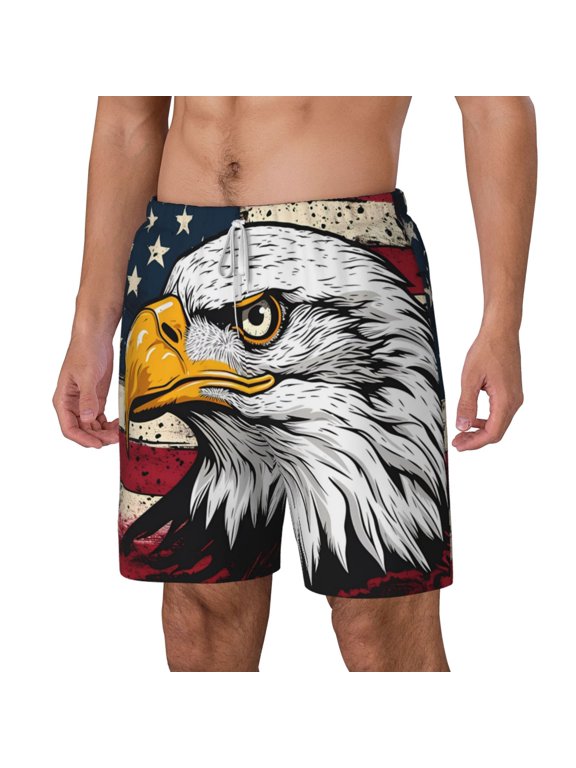 American Bald Eagle pattern Mens Swim Trunks with Compression Liner Stretch Beach Shorts Quick Dry with Zipper Pockets No-Chafing Board Shorts-Medium