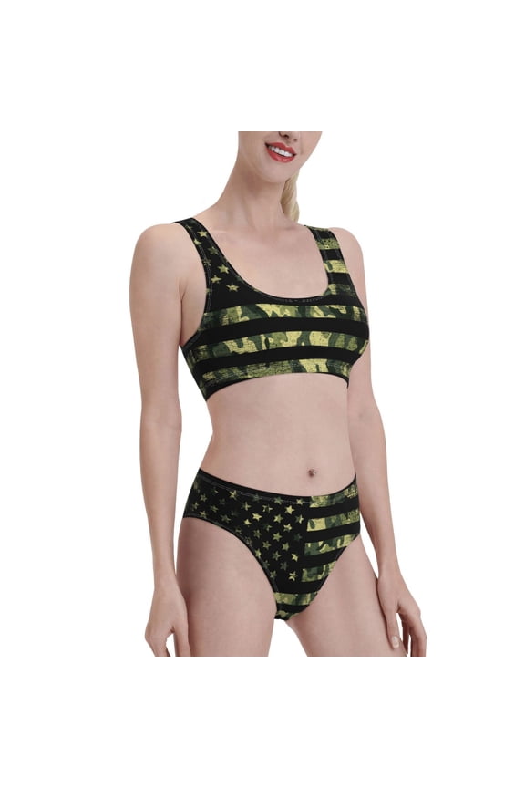 American Flag Camo Women's High Waisted Bikini Scoop Neck Swimsuit Two Pieces Bathing Suit-Small
