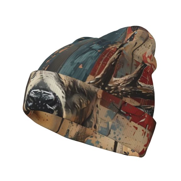 Picia American Flag Deer Art Pattern Knitted Beanie Hat for Men and Women , Unisex Winter Warm Stretchy Knit Cap Thick Fisherman Beanies Cuffed Plain Skull Caps