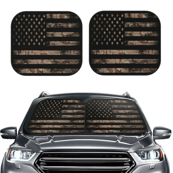 Picia American Flag with Desert Camouflage 2 Piece Car Windshield Sun Shade Foldable | Foldable Sun Shield for Front Window Blocks UV Rays and Keeps Your Vehicle Cool-Small