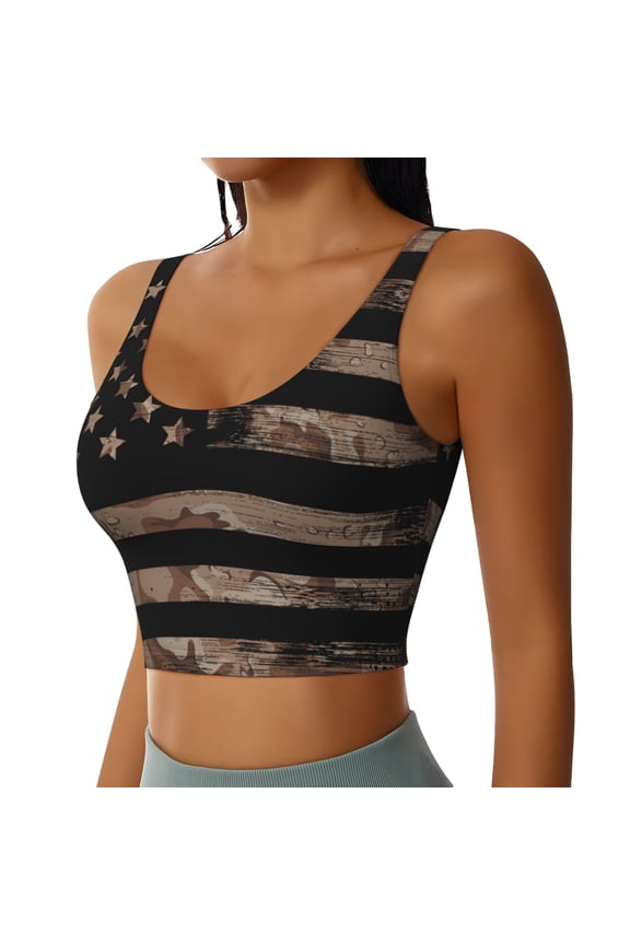 American Flag with Desert Camouflage Sports Bra for Women,Padded Strappy Sports Bras Medium Support Yoga Bra with Removable Cups,Running Yoga Bra-