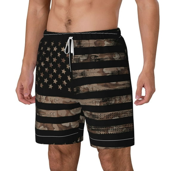 Picia American Flag with Desert Camouflage pattern Mens Swim Trunks with Compression Liner Stretch Beach Shorts Quick Dry with Zipper Pockets No-Chafing Board Shorts-Small