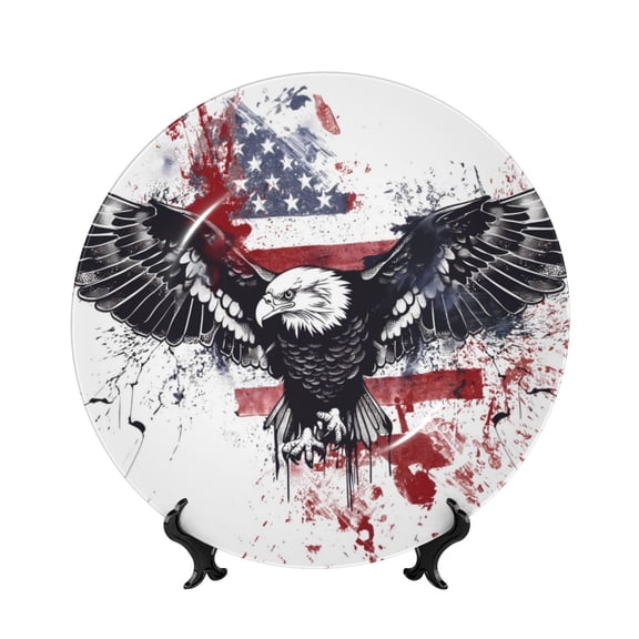 Picia American Flag Eagle Art Pattern Bone China Decorative Plate – Wall Decor with Stand and Adhesive, Elegant Ornament for Living Room, Office, or Entryway-6in