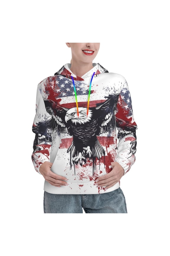 American Flag Eagle Art Pattern Casual Women's Hoodie, Hooded Sweatshirt with Kangaroo Pocket, Comfortable Pullover with Eye-catching Drawstrings-Medium