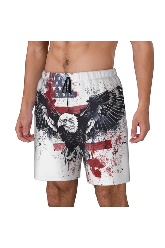 American Flag Eagle Art pattern Mens Swim Trunks with Compression Liner Stretch Beach Shorts Quick Dry with Zipper Pockets No-Chafing Board Shorts-Small