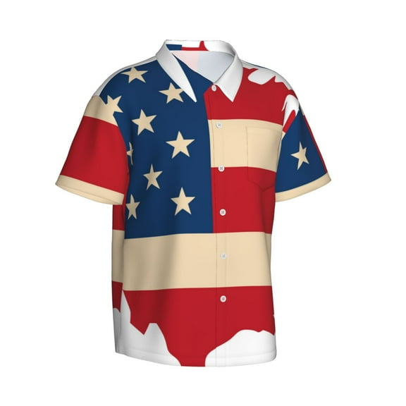 Picia American Flag Map Gentle Cotton Regular Fit Short Sleeve Casual Hawaiian Shirt for Men-Large