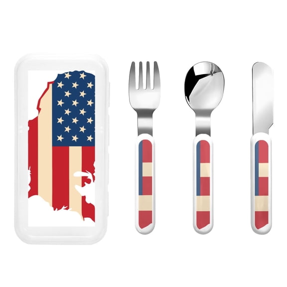Picia American Flag Map Print Children's Knife, Fork And Spoon Set - Kids Knife Fork Spoon - Stainless Steel Kids Silverware Set - Metal Kids Cutlery Set