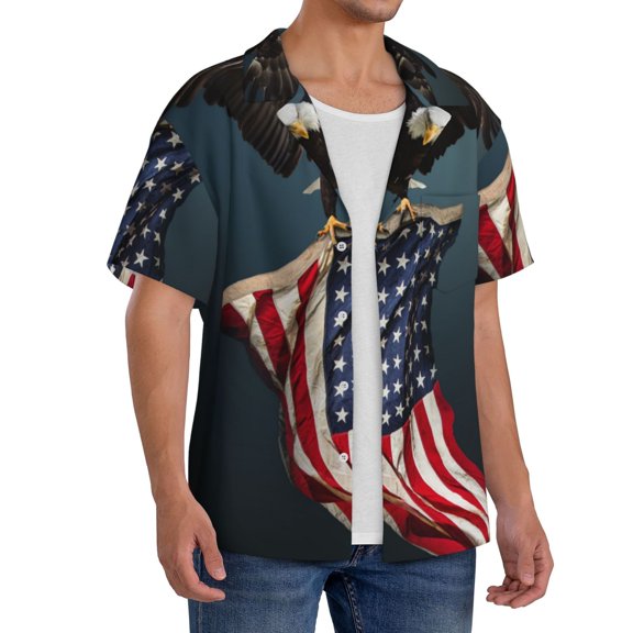 Picia American Flag Men's Linen Shirts Short Sleeve Cuban Beach Shirts Casual Shirts Button Down Shirt for Men Beach Summer Wedding Shirt-XX-Large