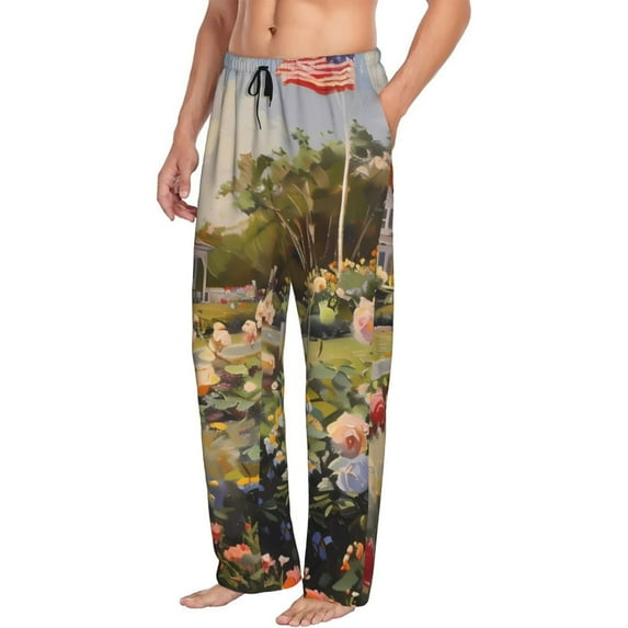 Picia American Flag Rose Garden Mens Soft Woven Cotton Elastic Waistband Sleep Pajama Pant Lounge Sleep Pant With Pockets And Drawstring-Medium