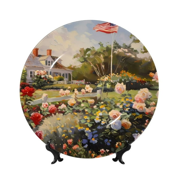 Picia American Flag Rose Garden Pattern Bone China Decorative Plate – Wall Decor with Stand and Adhesive, Elegant Ornament for Living Room, Office, or Entryway-8in