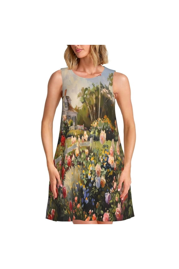 American Flag Rose Garden Print Women’s Sleeveless Midi Swing Dress – A-Line Pleated Tank Sundress, Comfortable and Flowy T-Shirt Dress