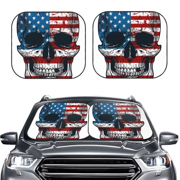 Picia American Flag Skull 2 Piece Car Windshield Sun Shade Foldable | Foldable Sun Shield for Front Window Blocks UV Rays and Keeps Your Vehicle Cool-Medium