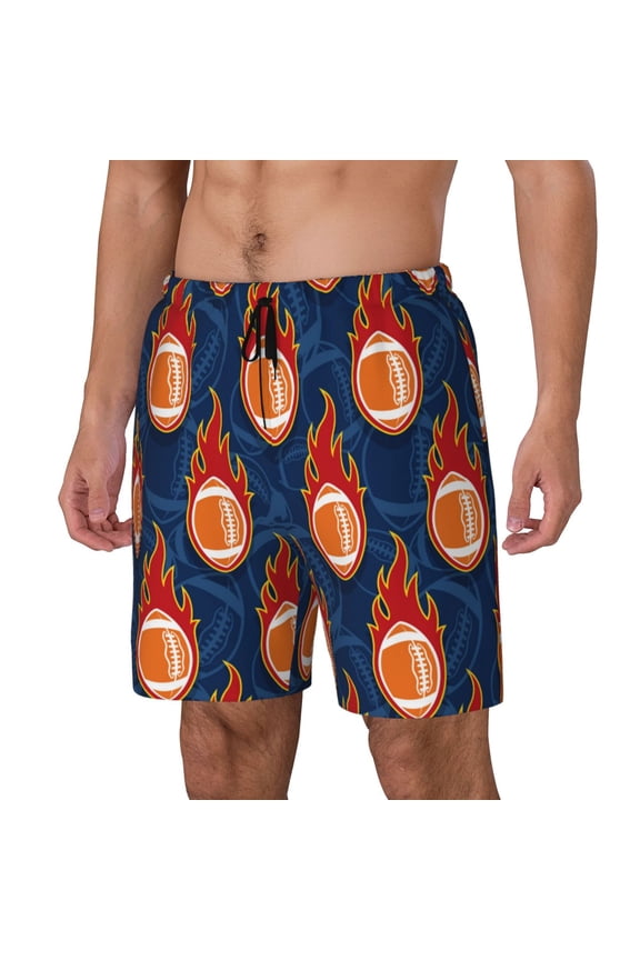 American Football and Fire Flames pattern Mens Swim Trunks with Compression Liner Stretch Beach Shorts Quick Dry with Zipper Pockets No-Chafing Board Shorts-Medium