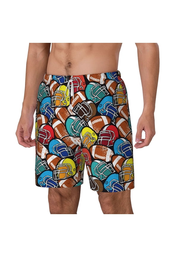 American Football pattern Mens Swim Trunks with Compression Liner Stretch Beach Shorts Quick Dry with Zipper Pockets No-Chafing Board Shorts-Small