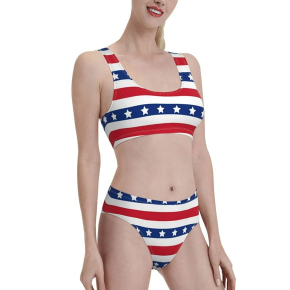 American Patriotic Stars And Stripes Women's High Waisted Bikini Scoop Neck Swimsuit Two Pieces Bathing Suit-Large