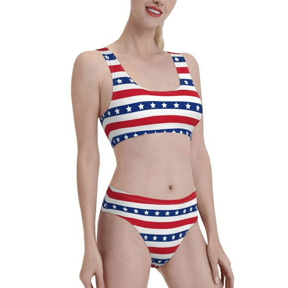American Patriotic Stars And Stripes Women's High Waisted Bikini Scoop Neck Swimsuit Two Pieces Bathing Suit-Medium