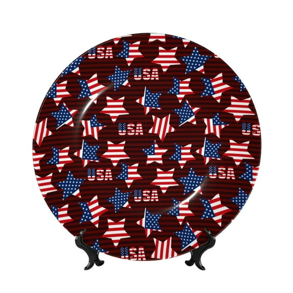 Picia American Stars1 Pattern Bone China Decorative Plate – Wall Decor with Stand and Adhesive, Elegant Ornament for Living Room, Office, or Entryway-7in