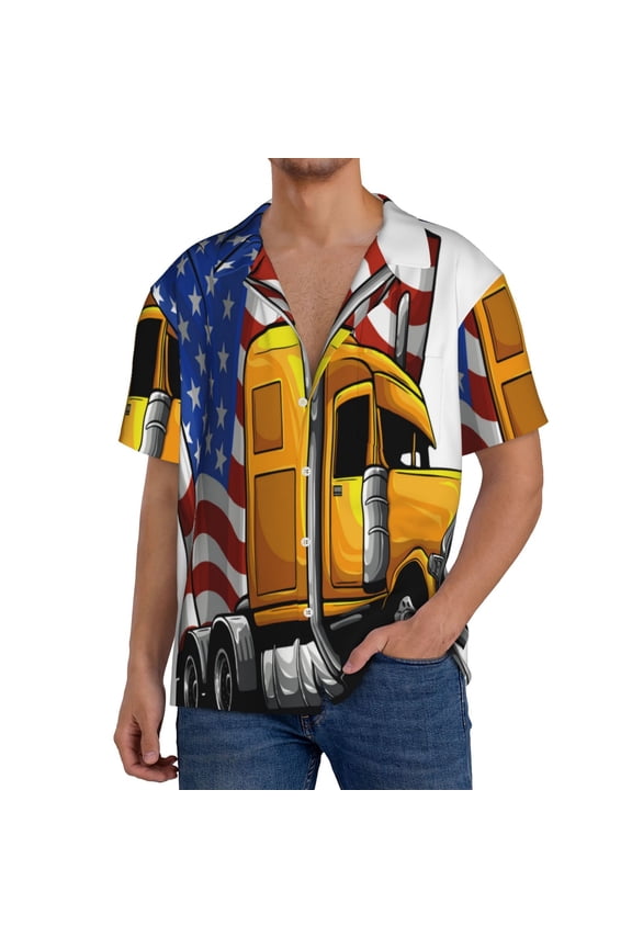 American Truck Pattern Men's Linen Shirts Short Sleeve Cuban Beach Shirts Casual Shirts Button Down Shirt for Men Beach Summer Wedding Shirt-4X-Large