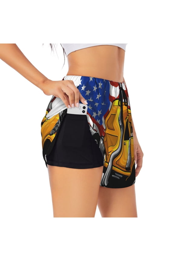 American Truck Pattern Women's 2 in 1 Athletic Running Shorts High Waisted Workout Casual Gym Sweat Shorts with Comfy Liner Zipper Pockets-Medium