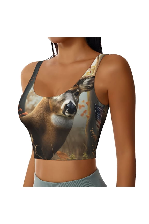 American Wildlife Deer Forest Sports Bra for Women,Padded Strappy Sports Bras Medium Support Yoga Bra with Removable Cups,Running Yoga Bra-Medium