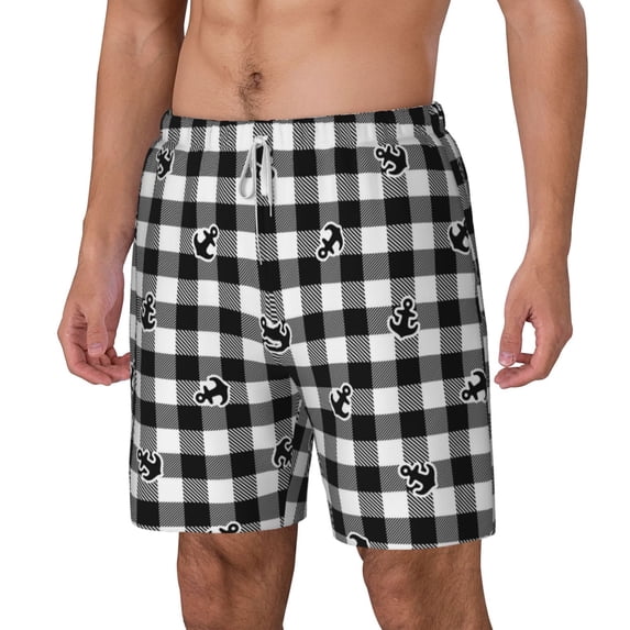 Picia Anchor Black Tartan Plaid pattern Mens Swim Trunks with Compression Liner Stretch Beach Shorts Quick Dry with Zipper Pockets No-Chafing Board Shorts-Small