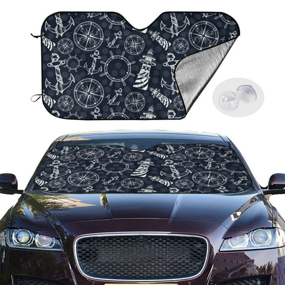Picia Anchor and Lighthouse Curved Windshield Sunshade Accordion Folding Style Auto Shade for Car Truck SUV Van Blocks UV Ray Sun Visor Protector -Small