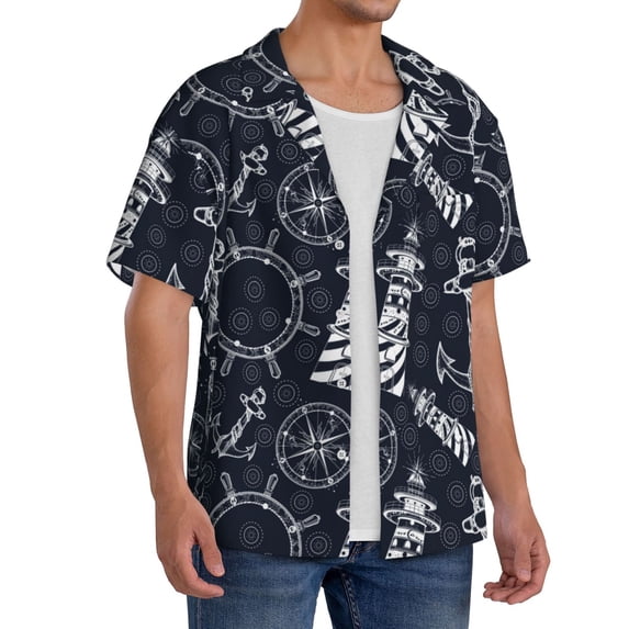 Picia Anchor and Lighthouse Men's Linen Shirts Short Sleeve Cuban Beach Shirts Casual Shirts Button Down Shirt for Men Beach Summer Wedding Shirt-XX-Large