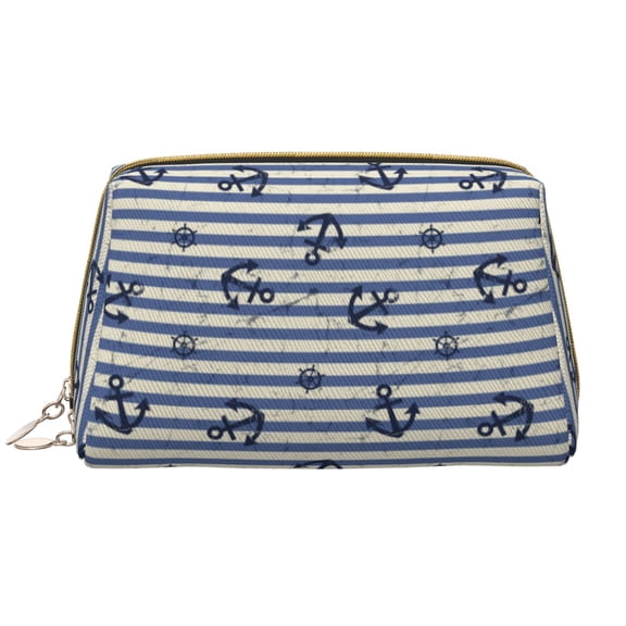 Picia Anchors And Steering Wheel Print Leather Makeup Bag Make Up Bag Travel Toiletry Bag for Her Girlfriend Teacher Teen Girl Gifts