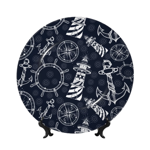 Picia Anchors and Lighthouse Pattern Bone China Decorative Plate – Wall Decor with Stand and Adhesive, Elegant Ornament for Living Room, Office, or Entryway-7in