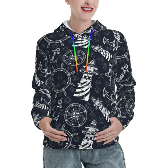 Picia Anchors and Lighthouse Pattern Casual Women's Hoodie, Hooded Sweatshirt with Kangaroo Pocket, Comfortable Pullover with Eye-catching Drawstrings-Medium