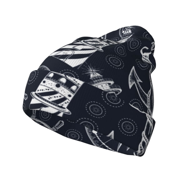 Picia Anchors and Lighthouse Pattern Knitted Beanie Hat for Men and Women , Unisex Winter Warm Stretchy Knit Cap Thick Fisherman Beanies Cuffed Plain Skull Caps
