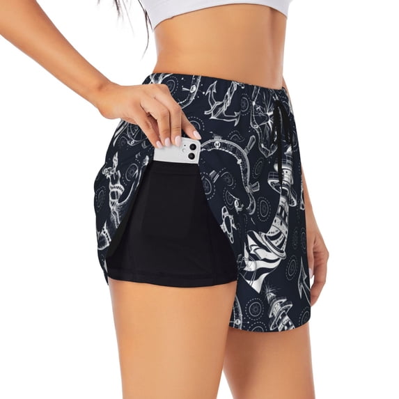 Picia Anchors and Lighthouse Pattern Women's 2 in 1 Athletic Running Shorts High Waisted Workout Casual Gym Sweat Shorts with Comfy Liner Zipper Pockets-XX-Large
