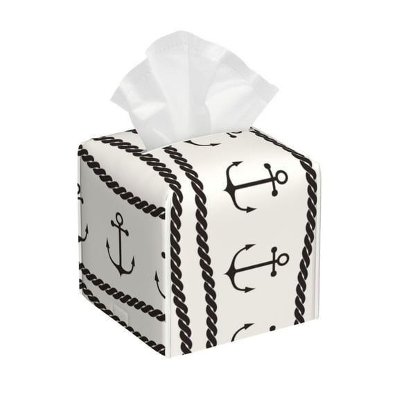 Picia Anchors and Ropes Pattern Tissue Box Cover,PVC Leather Square Holder,Tissue Box Holder with Magnetic Bottom,Facial Paper Organizer Dispenser-5.2"X5.2"X5.2"