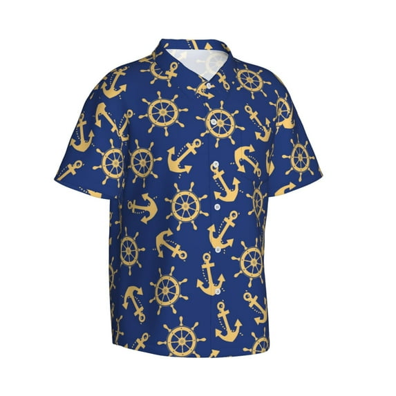 Picia Anchors and Nautical Gentle Cotton Regular Fit Short Sleeve Casual Hawaiian Shirt for Men-Large
