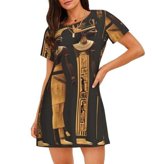 Picia Ancient Egyptian Hieroglyph Pattern Women’s Nightdress – Casual Short-sleeved Loose-Fit Sleepwear, Soft Cotton Short-Sleeve Sleep Shirt for Relaxation & Comfort