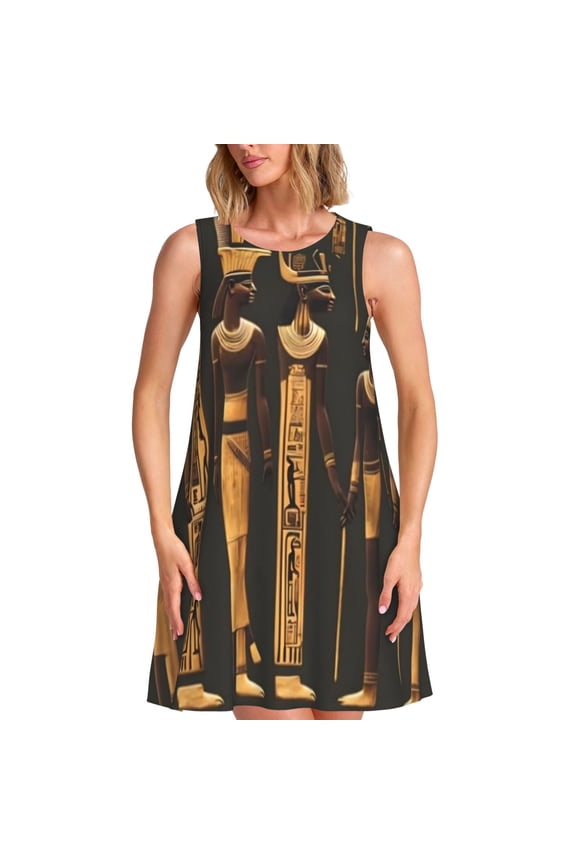 Ancient Egyptian Hieroglyph Print Women’s Sleeveless Midi Swing Dress – A-Line Pleated Tank Sundress, Comfortable and Flowy T-Shirt Dress