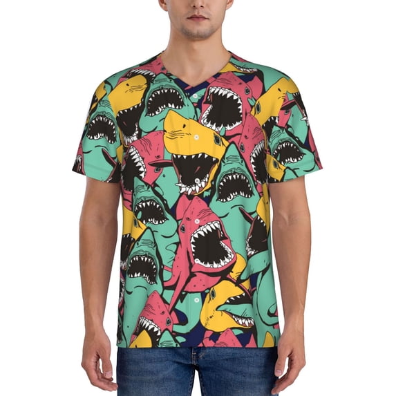Picia Angry Shark Pattern Pattern Mens Polo Shirts Quick Dry Short Sleeve Golf T Shirt Performance Moisture Wicking Casual Workout Baseball T-shirt-4X-Large