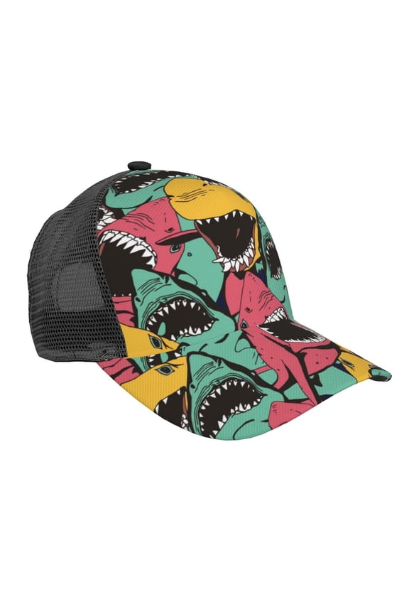 Angry Shark Pattern Pattern Trucker Hat,Baseball Cap,Sun Protection Cap,Stylish Headwear,Leisure Cap,Outdoor Sports Cap