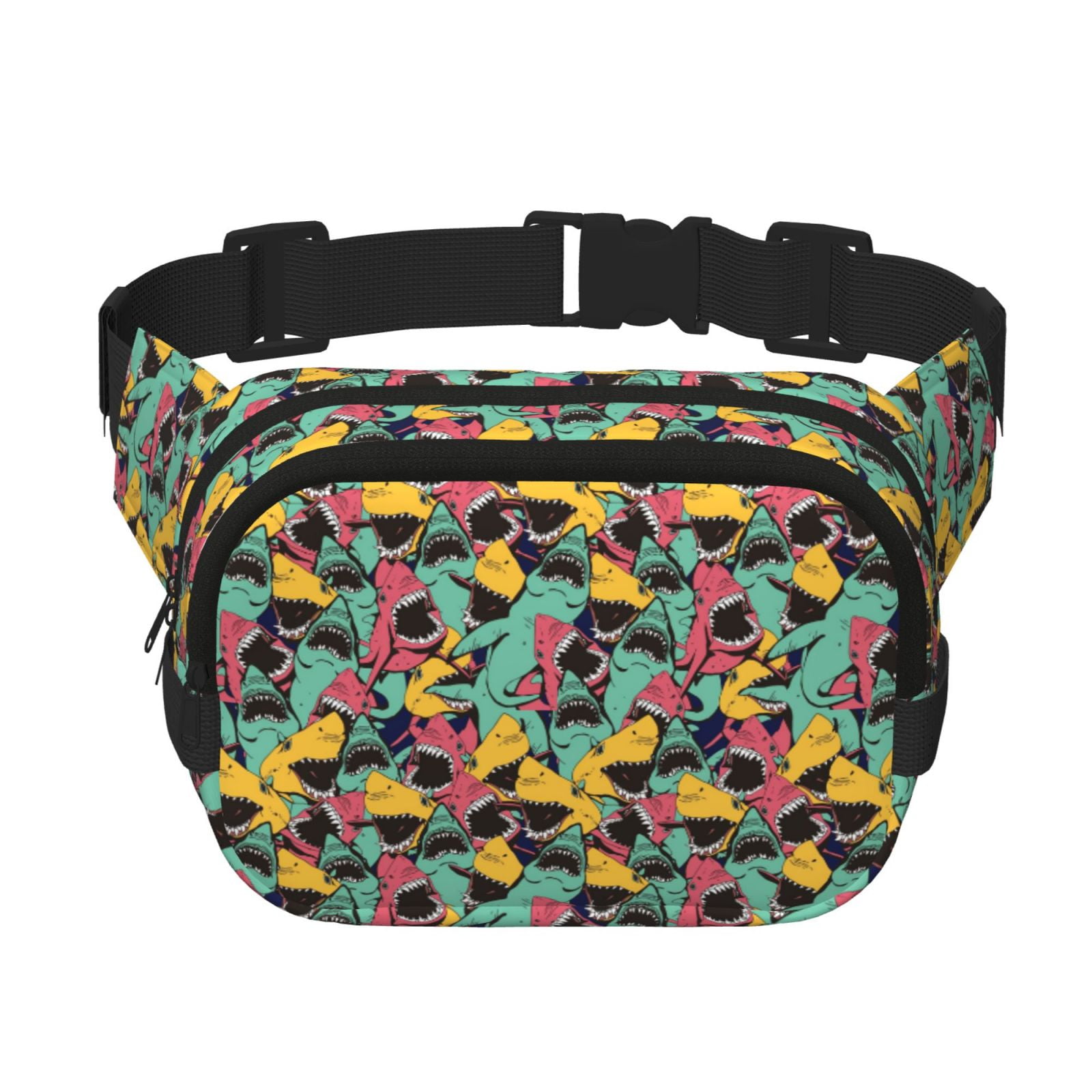 Picia Angry Shark Pattern Print Square Double-Layer Waist Bag Mini Adjustable Waist Belt Bag Exercise Running Travel Hiking