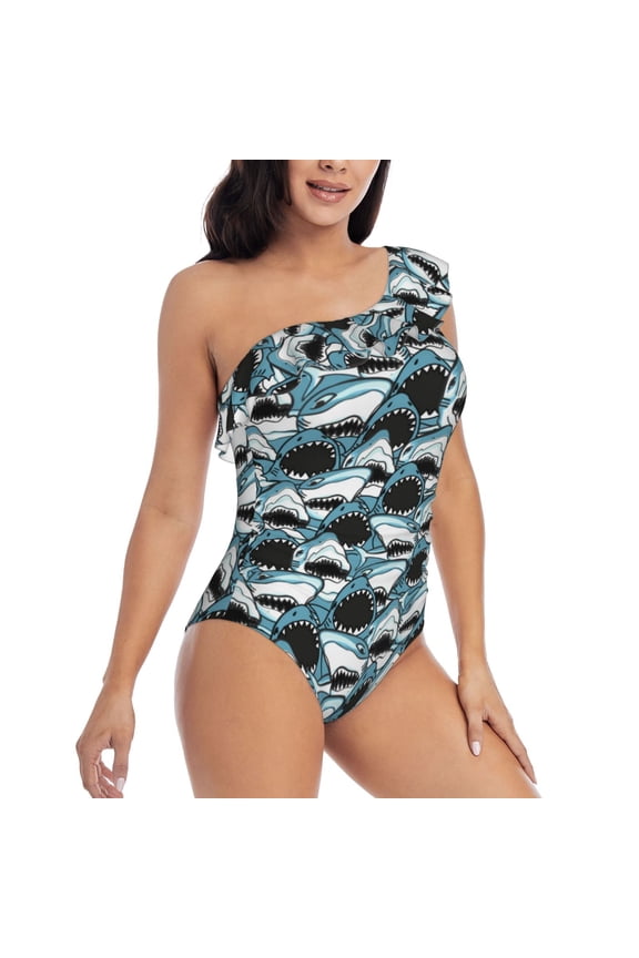 Angry Shark Pattern Women's One Piece Swimsuits,One Shoulder Swimwear Asymmetric ,Ruffle Monokinis Bathing Suits,High Waisted Flattering Bathing Suits-Small