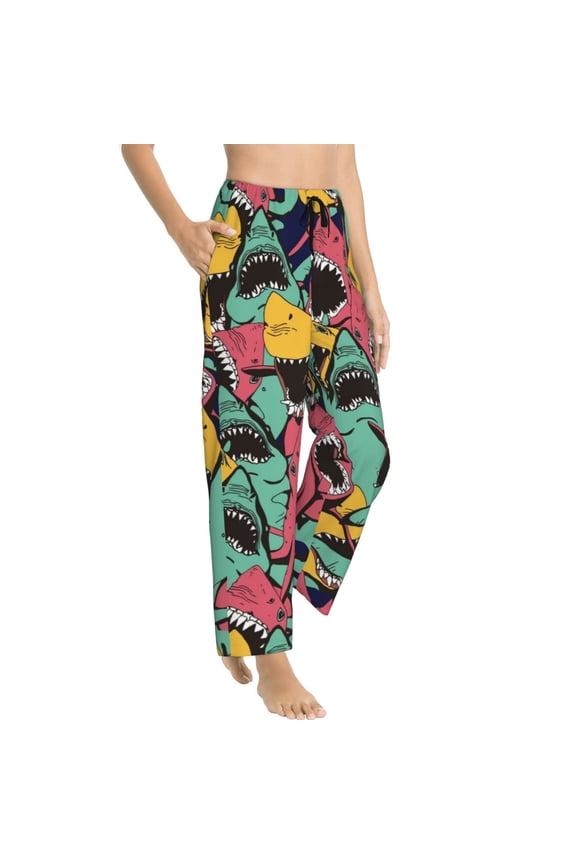 Angry Shark Pattern Womens Soft Woven Cotton Elastic Waistband Sleep Pajama Pant Lounge Sleep Pant With Pockets And Drawstring-Medium