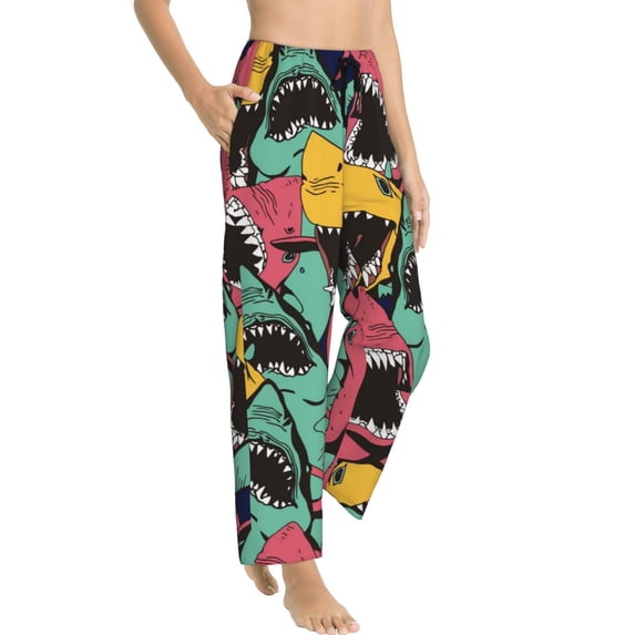 Picia Angry Shark Pattern Womens Soft Woven Cotton Elastic Waistband Sleep Pajama Pant Lounge Sleep Pant With Pockets And Drawstring-